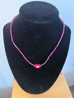 Handmade Hot Pink Beaded Necklace with Gold Accents